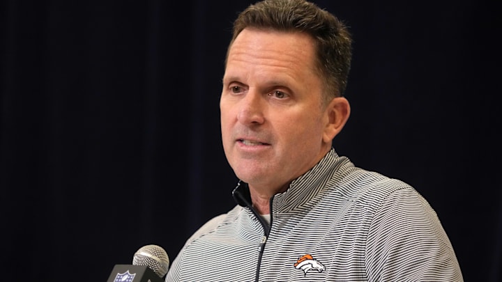 Feb 25, 2025; Indianapolis, IN, USA; Denver Broncos general manager George Paton speaks during the NFL Scouting Combine at the Indiana Convention Center. Mandatory Credit: Kirby Lee-Imagn Images