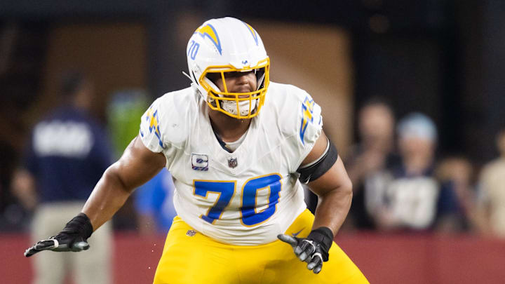 Oct 21, 2024; Glendale, Arizona, USA; Los Angeles Chargers offensive tackle Rashawn Slater (70) against the Arizona Cardinals at State Farm Stadium. 