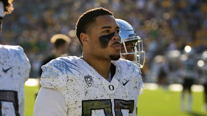 Nov 18, 2023; Tempe, Arizona, USA; Oregon Ducks defensive tackle Keyon Ware-Hudson (95) against the Arizona State Sun Devils at Mountain America Stadium. Mandatory Credit: Mark J. Rebilas-Imagn Images