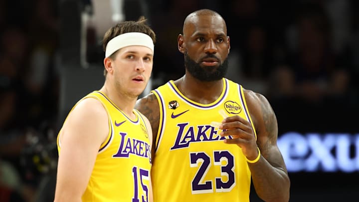 Feb 26, 2026; Phoenix, Arizona, USA; Los Angeles Lakers guard Austin Reaves (15) with forward LeBron James (23) against the Phoenix Suns at Mortgage Matchup Center. Mandatory Credit: Mark J. Rebilas-Imagn Images Feb 26, 2026; Phoenix, Arizona, USA; Los Angeles Lakers guard Austin Reaves (15) with forward LeBron James (23) against the Phoenix Suns at Mortgage Matchup Center. Mandatory Credit: Mark J. Rebilas-Imagn Images