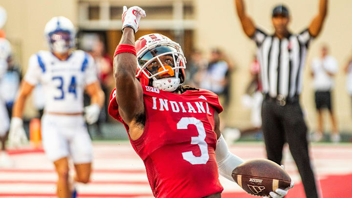 Indiana's Omar Cooper Jr. (3) during the Indiana vs. Indiana State football game Sept. 12, 2025, at Memorial Stadium. Indiana's Omar Cooper Jr. (3) during the Indiana vs. Indiana State football game Sept. 12, 2025, at Memorial Stadium.