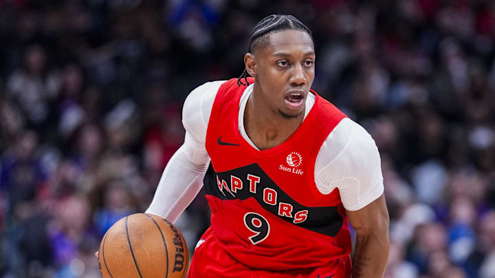 Apr 12, 2026; Toronto, Ontario, CAN; Toronto Raptors forward RJ Barrett (9) dribbles against the Brooklyn Nets during the second half at Scotiabank Arena. Mandatory Credit: Kevin Sousa-Imagn Images
