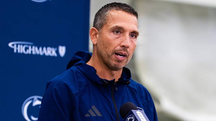 Penn State football head coach Matt Campbell answers a question during a press conference at football media day in Holuba Hall, Friday, August 7, 2026, in State College.