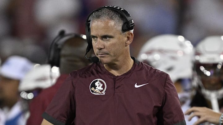 Sep 28, 2024; Dallas, Texas, USA; Florida State Seminoles head coach Mike Norvell during the game between the Southern Methodist Mustangs and the Florida State Seminoles at Gerald J. Ford Stadium. Mandatory Credit: Jerome Miron-Imagn Images