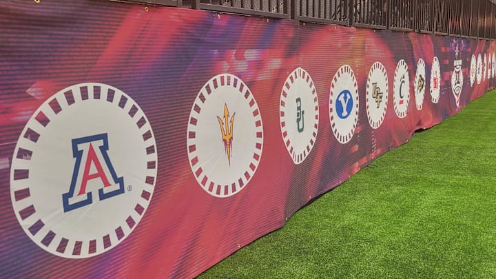 The Big 12 school's logos on display at the Big 12 Conference's Media Day on July 10, 2024.