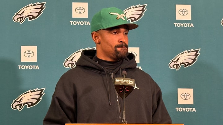 Jalen Hurts meets with reporters leading up to a Week 13 game against the Bears.