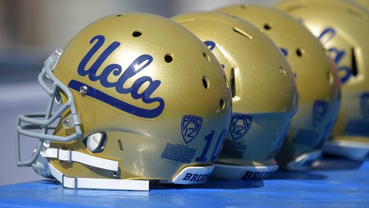 Oct 11, 2014; Pasadena, CA, USA; UCLA Bruins helmets during the game against the Oregon Ducks at Rose Bowl. Mandatory Credit: Kirby Lee-USA TODAY Sports Oct 11, 2014; Pasadena, CA, USA; UCLA Bruins helmets during the game against the Oregon Ducks at Rose Bowl. Mandatory Credit: Kirby Lee-USA TODAY Sports