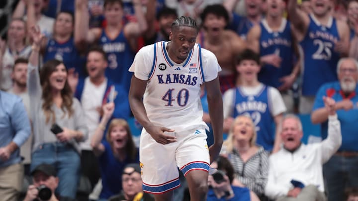 Kansas Jayhawks forward Flory Bidunga (40) looks back after scoring against Arizona Wildcats during the game inside Allen Fieldhouse on Feb. 9, 2026.