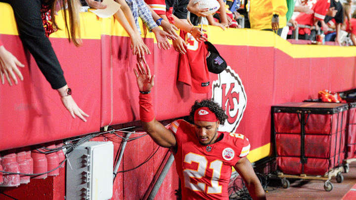 Aug 22, 2024; Kansas City, Missouri, USA; Kansas City Chiefs safety Jaden Hicks (21) leaves the field after the game against the Chicago Bears at GEHA Field at Arrowhead Stadium. Mandatory Credit: Denny Medley-Imagn Images