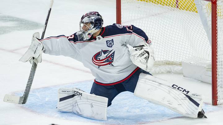 Dec 29, 2025; Ottawa, Ontario, CAN; Columbus Blue Jackets goalie Jet Greaves (73) stretches to make a save in the third period against the Ottawa Senators at the Canadian Tire Centre. Mandatory Credit: Marc DesRosiers-IMAGN Images