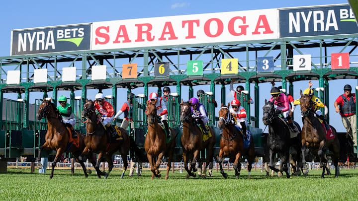 A race gets underway at the 2025 Saratoga Race Course summer meet. 
