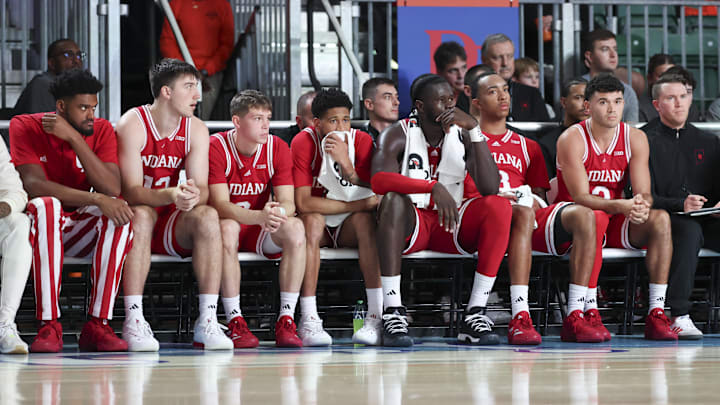 Nov 27, 2024; Paradise Island, Bahamas, BHS; Indiana Hoosiers bench reacts during the second half against the Louisville Cardinals at the Atlantis Resort.  Mandatory Credit: Kevin Jairaj-Imagn Images