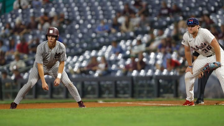 Mississippi State University baseball player Ace Reese (3) readies himself to run for second base while Will Furniss (36) of the University of Mississippi mans first during the Governor's Cup at Trustmark Park in Pearl, Miss. on April 22, 2025, in Pearl, Miss.