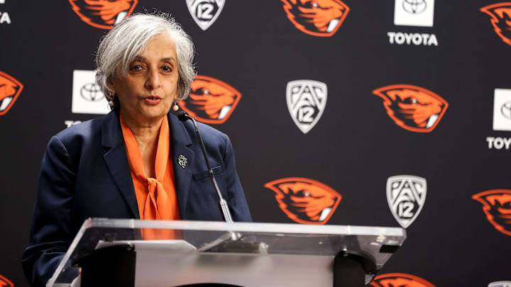 Oregon State University president Jayathi Y. Murthy speaks at a press conference introducing Trent Bray as Oregon State football  s head coach on Wednesday, Nov. 29, 2023 at Oregon State University in Corvallis, Ore.