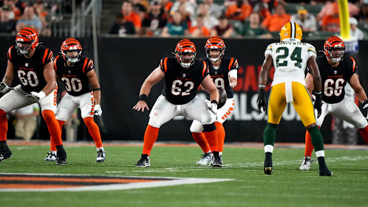 Former Huskies offensive lineman Jaxson Kirkland (60) suffered a season-ending biceps injury for the Cincinnati Bengals. Former Huskies offensive lineman Jaxson Kirkland (60) suffered a season-ending biceps injury for the Cincinnati Bengals.