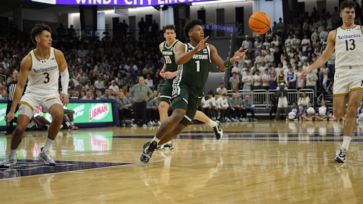 Jan 12, 2025; Evanston, Illinois, USA; Michigan State Spartans guard Jeremy Fears Jr. (1) passes the ball against the Northwestern Wildcats during the first half at Welsh-Ryan Arena. Mandatory Credit: David Banks-Imagn Images Jan 12, 2025; Evanston, Illinois, USA; Michigan State Spartans guard Jeremy Fears Jr. (1) passes the ball against the Northwestern Wildcats during the first half at Welsh-Ryan Arena. Mandatory Credit: David Banks-Imagn Images
