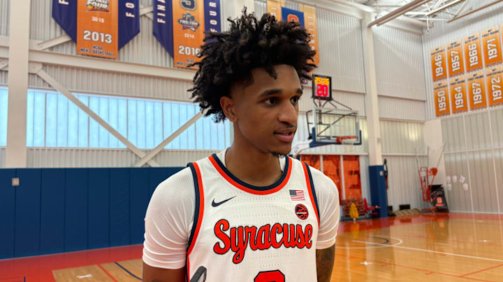Syracuse freshman Sadiq White Jr. answers questions at media day.. Syracuse freshman Sadiq White Jr. answers questions at media day..