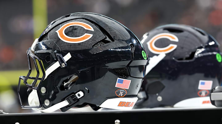 Sep 28, 2025; Paradise, Nevada, USA; A general view of Chicago Bears helmets before the start of the game against Las Vegas Raiders at Allegiant Stadium. Mandatory Credit: Kiyoshi Mio-Imagn Images Sep 28, 2025; Paradise, Nevada, USA; A general view of Chicago Bears helmets before the start of the game against Las Vegas Raiders at Allegiant Stadium. Mandatory Credit: Kiyoshi Mio-Imagn Images