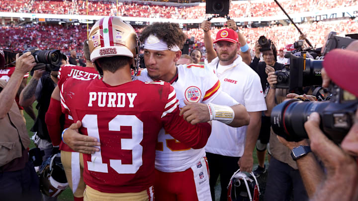 Oct 20, 2024; Santa Clara, California, USA; Kansas City Chiefs quarterback Patrick Mahomes (15) meets with San Francisco 49ers quarterback Brock Purdy (13) after the game at Levi's Stadium. Mandatory Credit: Cary Edmondson-Imagn Images