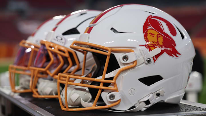 Dec 11, 2025; Tampa, Florida, USA; A general view of Tampa Bay Buccaneers football helmets before the game against the Atlanta Falcons at Raymond James Stadium. Mandatory Credit: Nathan Ray Seebeck-Imagn Images
