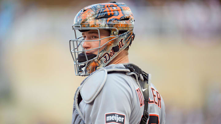 Aug 16, 2025; Minneapolis, Minnesota, USA; Detroit Tigers catcher Dillon Dingler (13) looks to the dugout for direction in the first inning against the Minnesota Twins at Target Field. 