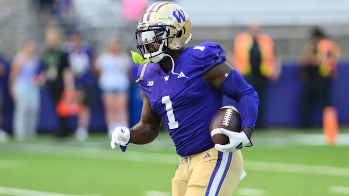 Sep 7, 2024; Seattle, Washington, USA; Washington Huskies running back Jonah Coleman (1) during warmups before the game against the Eastern Michigan Eagles at Alaska Airlines Field at Husky Stadium. 