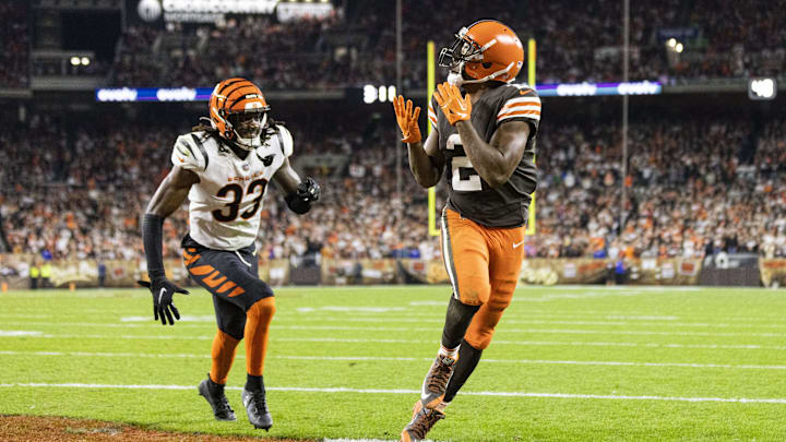 Oct 31, 2022; Cleveland, Ohio, USA; Cleveland Browns wide receiver Amari Cooper (2) catches the ball for a touchdown past Cincinnati Bengals cornerback Tre Flowers (33) during the third quarter at FirstEnergy Stadium. Oct 31, 2022; Cleveland, Ohio, USA; Cleveland Browns wide receiver Amari Cooper (2) catches the ball for a touchdown past Cincinnati Bengals cornerback Tre Flowers (33) during the third quarter at FirstEnergy Stadium.