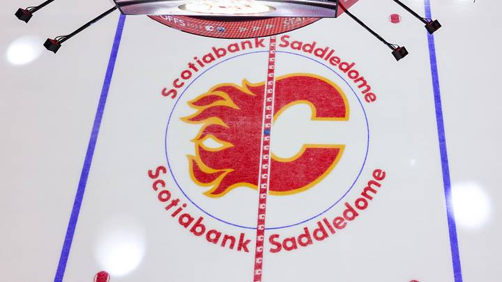 May 18, 2022; Calgary, Alberta, CAN; General view of the Calgary Flames logo on the ice prior to the game between the Calgary Flames and the Edmonton Oilers in game one of the second round of the 2022 Stanley Cup Playoffs at Scotiabank Saddledome. Mandatory Credit: Sergei Belski-Imagn Images