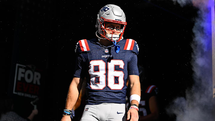 Nov 2, 2025; Foxborough, Massachusetts, USA; New England Patriots wide receiver Efton Chism III (86) walks out of the players tunnel before a game against the Atlanta Falcons at Gillette Stadium. Mandatory Credit: Eric Canha-Imagn Images