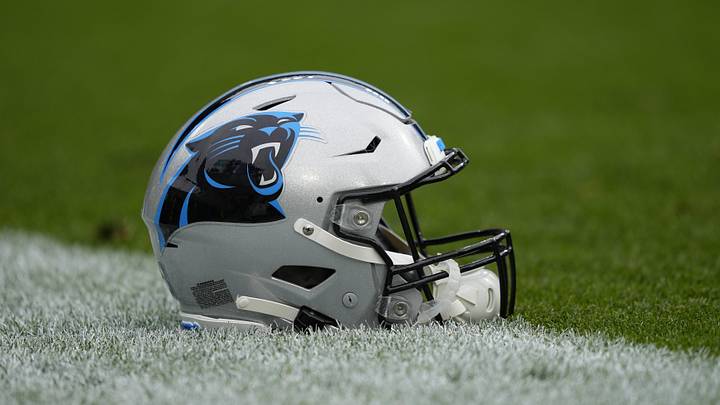 Nov 2, 2025; Green Bay, Wisconsin, USA;  Carolina Panthers helmet before a game against the Green Bay Packers at Lambeau Field. Mandatory Credit: Jeff Hanisch-Imagn Images