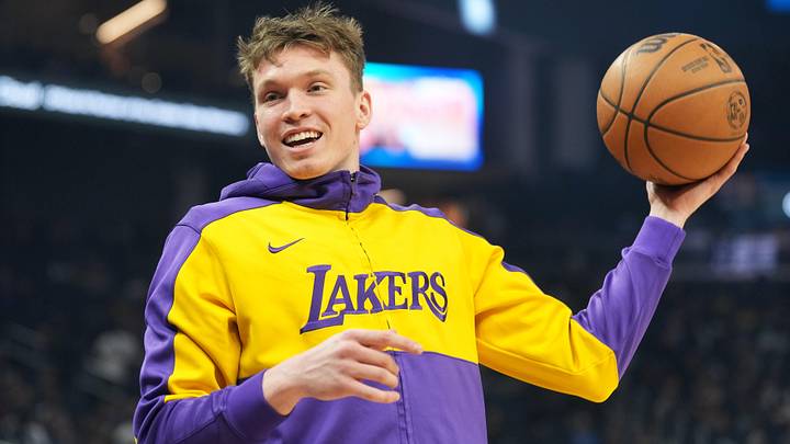 Jan 25, 2025; San Francisco, California, USA; Los Angeles Lakers guard Dalton Knecht (4) before the game against the Golden State Warriors at Chase Center. Mandatory Credit: Darren Yamashita-Imagn Images Jan 25, 2025; San Francisco, California, USA; Los Angeles Lakers guard Dalton Knecht (4) before the game against the Golden State Warriors at Chase Center. Mandatory Credit: Darren Yamashita-Imagn Images