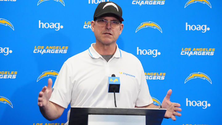 Apr 2, 2024; Costa Mesa, CA, USA; Los Angeles Chargers coach Jim Harbaugh speaks at press conference