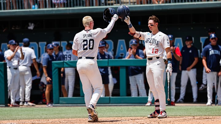 Jun 7, 2025; Chapel Hill, NC, USA; Arizona catcher Tommy Splaine (20) celebrates a home run during the third inning of the Super Regionals game against North Carolina in Chapel Hill, North Carolina. Mandatory Credit: Jaylynn Nash-Imagn Images