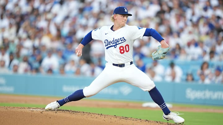 Los Angeles Dodgers starting pitcher Emmet Sheehan (80) throws during the second inning against the San Diego Padres at Dodger Stadium on June 18, 2025.