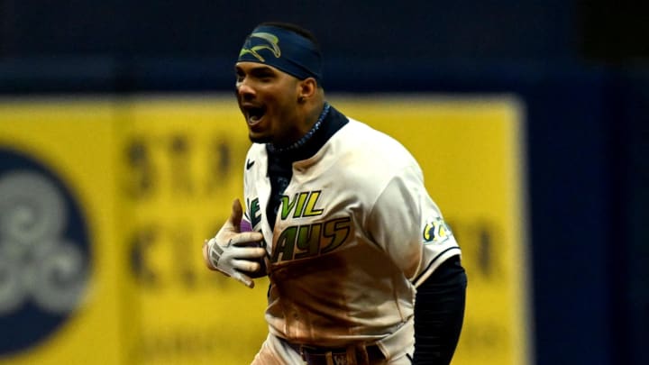 Tampa Bay Rays shortstop Wander Franco (5) reacts after hitting a walk off home run in the ninth inning against the Cleveland Guardians at Tropicana Field in 2023.
