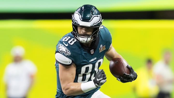 Feb 9, 2025; New Orleans, LA, USA; Philadelphia Eagles  tight end Dallas Goedert (88) against the Kansas City Chiefs during Super Bowl LIX at Ceasars Superdome. Mandatory Credit: Mark J. Rebilas-Imagn Images