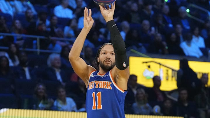 Feb 15, 2025; San Francisco, CA, USA; New York Knicks guard Jalen Brunson (11) competes in the three-point contest during All Star Saturday Night ahead of the 2025 NBA All Star Game at Chase Center. Mandatory Credit: Kyle Terada-Imagn Images