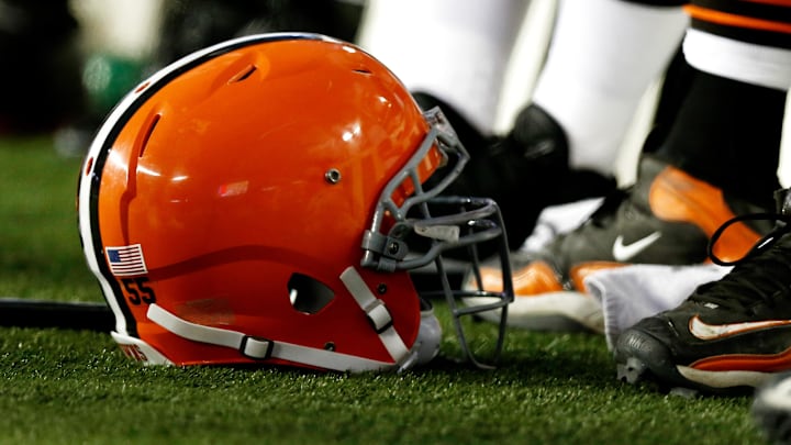 Dec 8, 2013; Foxborough, MA, USA; A Cleveland Browns helmet sits on the sidelines during the fourth quarter of New England's 27-26 win at Gillette Stadium. Mandatory Credit: Winslow Townson-Imagn Images