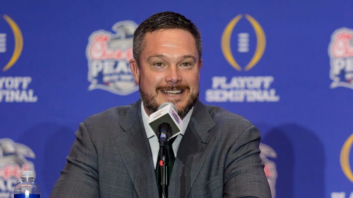 Oregon head coach Dan Lanning speaks during the head coaches’ press conference ahead of the Peach Bowl at the College Football Hall of Fame in Atlanta, Georgia, on Jan. 8, 2026.