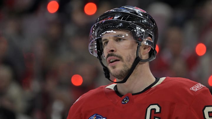 Feb 15, 2025; Montreal, Quebec, CAN; [Imagn Images direct customers only] Team Canada forward Sidney Crosby (87) prepares for a face-off against Team United States in the second period during a 4 Nations Face-Off ice hockey game at the Bell Centre. Mandatory Credit: Eric Bolte-Imagn Images