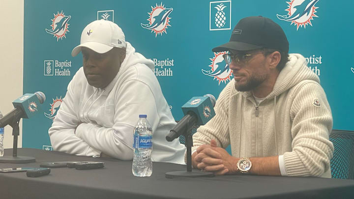 Miami Dolphins GM Chris Grier (left) and Coach Mike McDaniel conduct their annual season-ending press conference. Miami Dolphins GM Chris Grier (left) and Coach Mike McDaniel conduct their annual season-ending press conference.