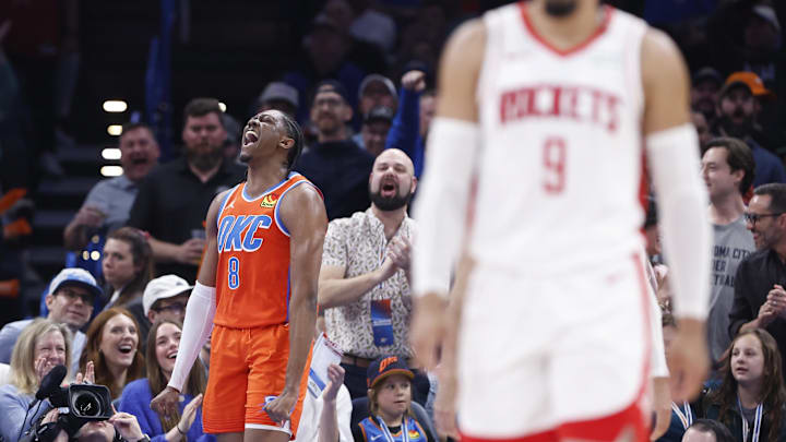 Feb 27, 2024; Oklahoma City, Oklahoma, USA; Oklahoma City Thunder forward Jalen Williams (8) screams after scoring against the Houston Rockets during the second half at Paycom Center. Mandatory Credit: Alonzo Adams-Imagn Images