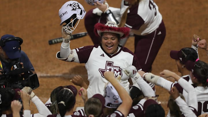 May 8, 2025; Athens, GA, USA; Texas A&M infielder Mya Perez (24) reacts after hitting a home run during a game against South Carolina at Jack Turner Stadium. Mandatory Credit: Mady Mertens-Imagn Images