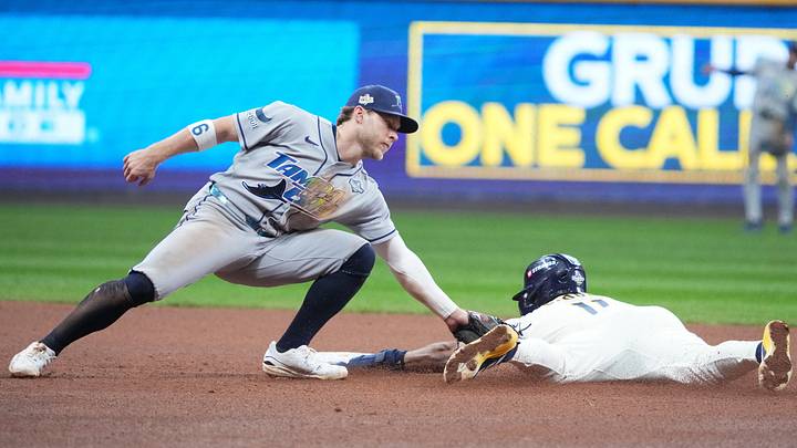 Oct 24, 2026; Milwaukee, Wisconsin, USA; Milwaukee Brewers outfielder Jackson Chourio (11) steals second base against Tampa Bay Rays shortstop Taylor Walls (6) during the eighth inning in game two of the 2026 World Series at American Family Field. Mandatory Credit: Michael McLoone-Imagn Images Oct 24, 2026; Milwaukee, Wisconsin, USA; Milwaukee Brewers outfielder Jackson Chourio (11) steals second base against Tampa Bay Rays shortstop Taylor Walls (6) during the eighth inning in game two of the 2026 World Series at American Family Field. Mandatory Credit: Michael McLoone-Imagn Images