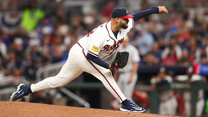 Mar 31, 2026; Atlanta, Georgia, USA; Atlanta Braves relief pitcher Martin Perez (33) throws against the Athletics in the sixth inning at Truist Park. Mandatory Credit: Brett Davis-Imagn Images
Mar 31, 2026; Atlanta, Georgia, USA; Atlanta Braves relief pitcher Martin Perez (33) throws against the Athletics in the sixth inning at Truist Park. Mandatory Credit: Brett Davis-Imagn Images