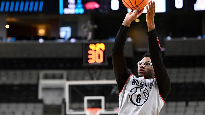 Mar 25, 2026; San Jose, CA, USA; Arizona Wildcats guard Bryce James (6) shoots the basketball during a practice session ahead of the west regional of the men's 2026 NCAA Tournament at SAP Center. Mar 25, 2026; San Jose, CA, USA; Arizona Wildcats guard Bryce James (6) shoots the basketball during a practice session ahead of the west regional of the men's 2026 NCAA Tournament at SAP Center.