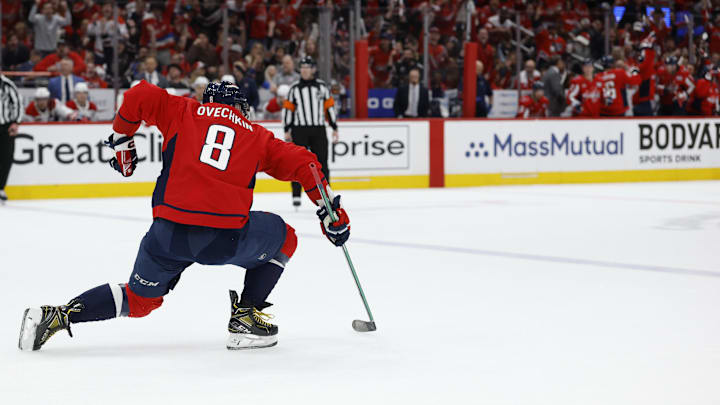 Apr 21, 2025; Washington, District of Columbia, USA; Washington Capitals left wing Alex Ovechkin (8) celebrates after scoring a goal against the Montreal Canadiens in the first period in game one of the first round of the 2025 Stanley Cup Playoffs at Capital One Arena. Mandatory Credit: Geoff Burke-Imagn Images