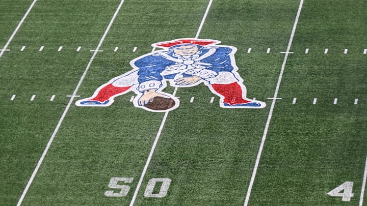 Dec 1, 2024; Foxborough, Massachusetts, USA; A general overview of the game field with the Pat Patriot throwback logo at Gillette Stadium prior to a game against the Indianapolis Colts. Mandatory Credit: Eric Canha-Imagn Images