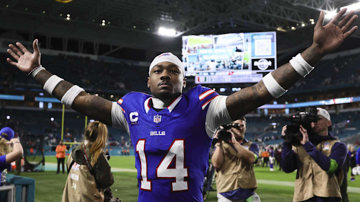 Jan 7, 2024; Miami Gardens, Florida, USA; Buffalo Bills wide receiver Stefon Diggs (14) reacts after