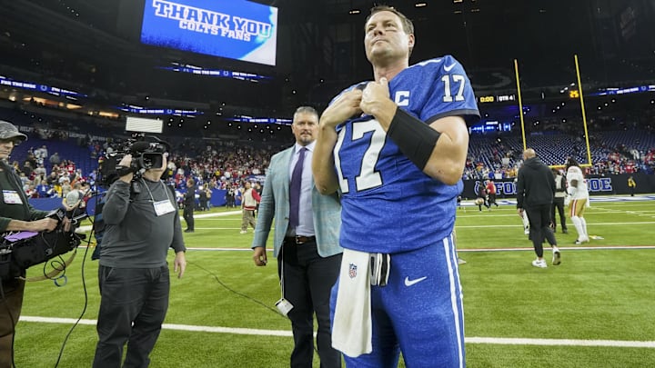 Dec 22, 2025; Indianapolis, Indiana, USA; Indianapolis Colts quarterback Philip Rivers (17) stands on the field Monday, Dec. 22, 2025, after losing a game against the San Francisco 49ers at Lucas Oil Stadium. Mandatory Credit: Grace Hollars-USA TODAY Network via Imagn Images